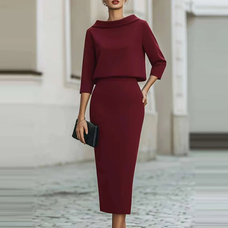 Fashion O-neck Long Sleeve Tops Skirts Matching Sets Elegant Solid Slim Half Skirts Sets Temperament Simple Wrap Hips Skirts Set