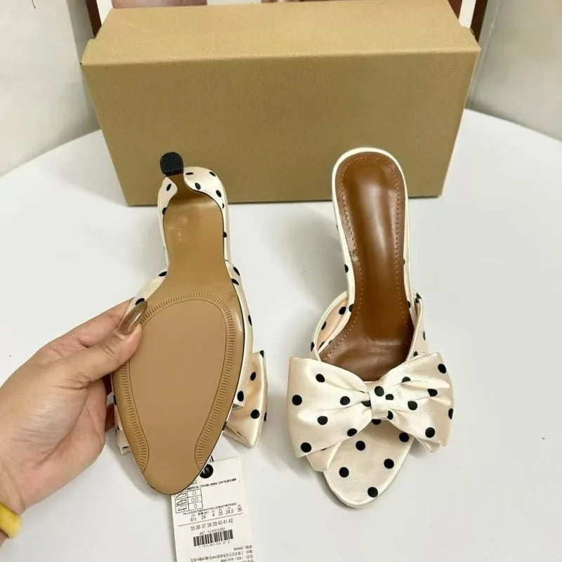 2026 Summer New Women's Polka Dot Bow Satin Mules - Stiletto High Heel Open Toe Fashion Slippers for Party Evening Dress Shoes