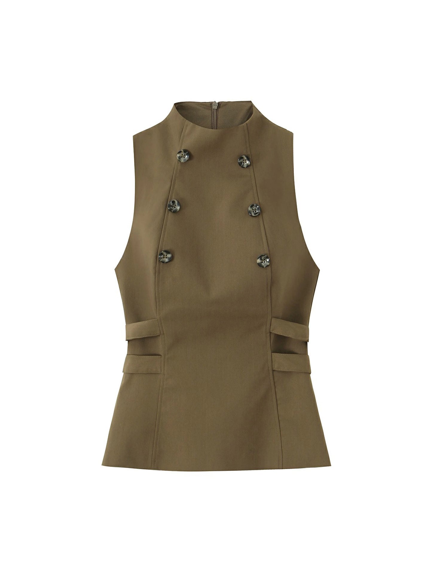 Women Top New Fashion Sleeveless O-Neck Waist-Cinching Lotus Leaf Hem Double-Breasted Top Women Sexy Elegant Vest
