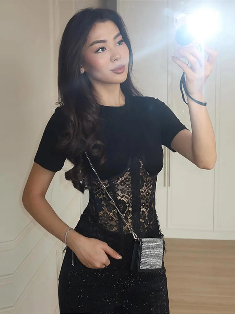 Sexy Women's Lace Patchwork Tops See Through O-neck Short Sleeve Bandage Waist Cinching Shirts 2026 Spring Lady New  All-match