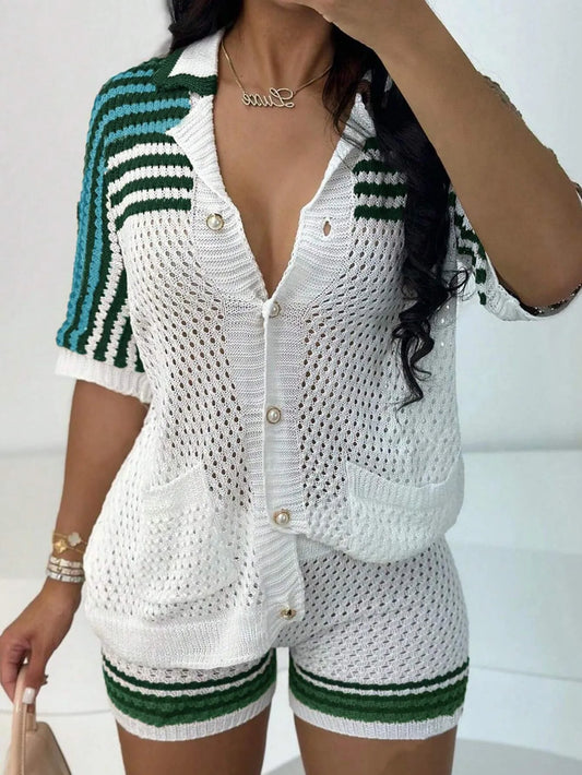 White Green Striped Hollow Knit Two-Piece Set Button-Down Shirt & Shorts Outfit