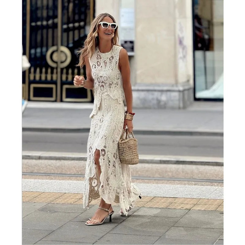 Elegant White 2 Piece Crochet Lace Outfit for Women Sleeveless Crop Top High Maxi Skirt Hollow Out Knit Party Beach Dress Set