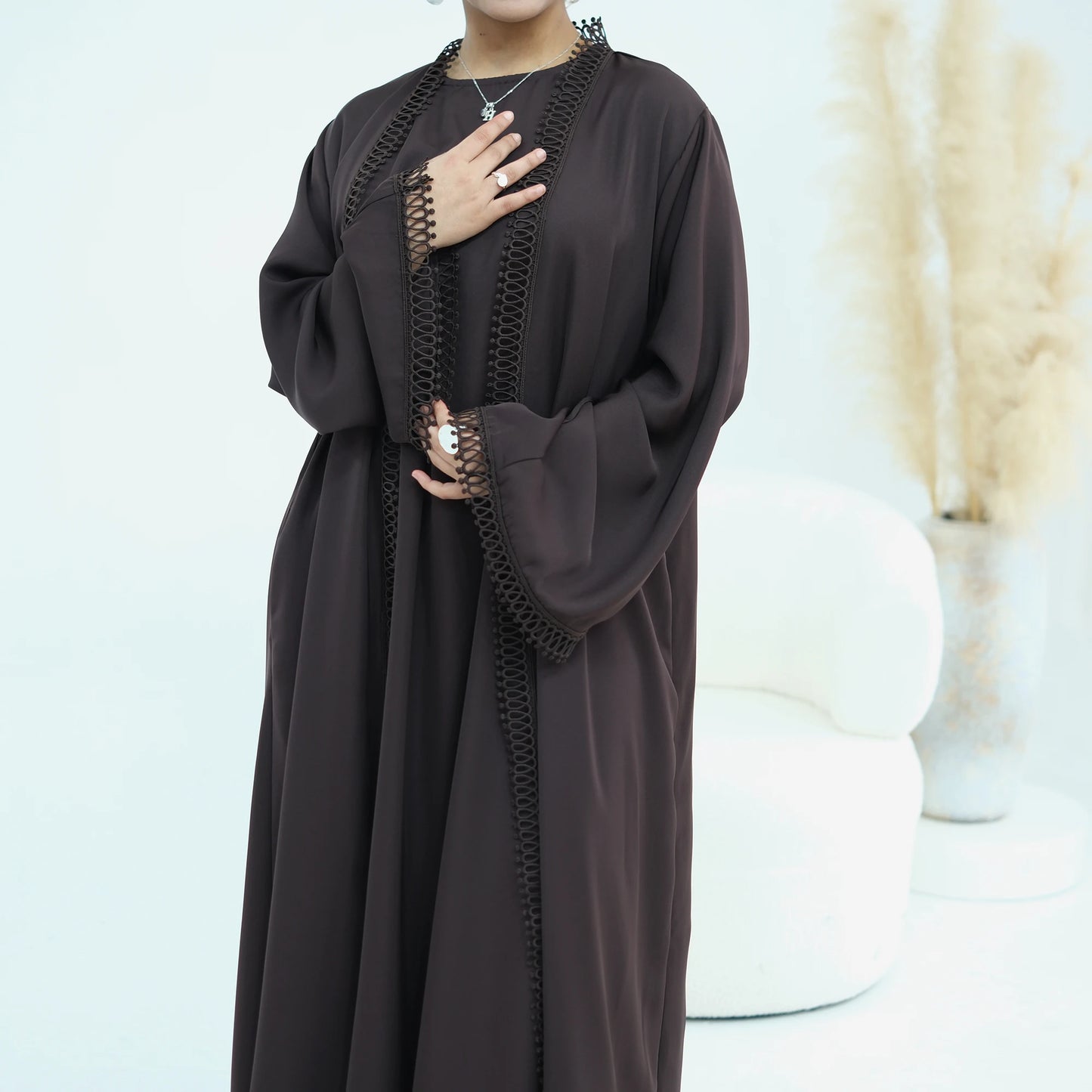 Women Abaya Set for Eid Party Events Resort Wear-Loop Lace Trim Kimono Robe&Sleeveless Dress