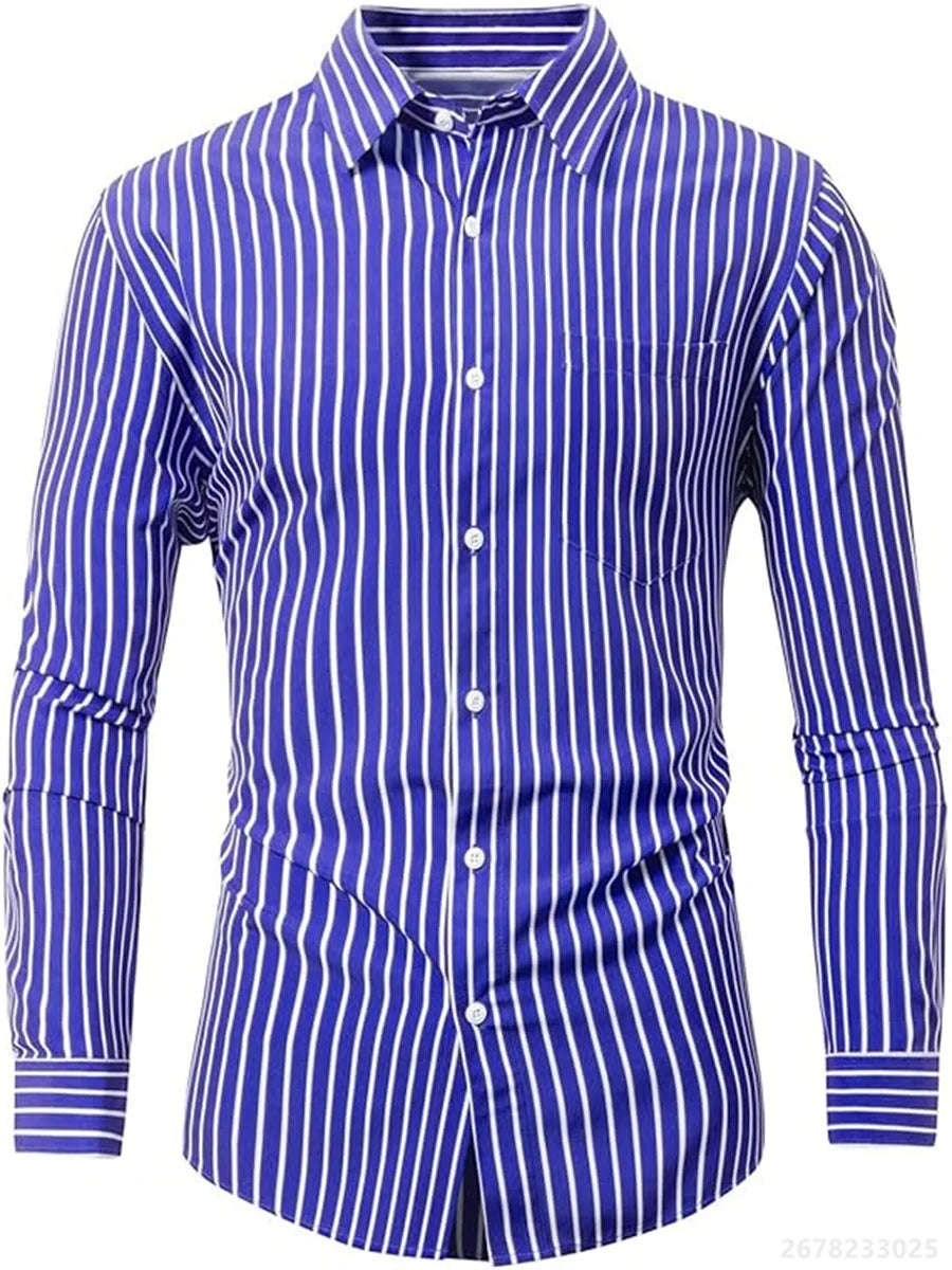 Men's shirts, long-sleeved lapel business formal button-down shirts, men's striped shirts, high-quality men's tops XS-6XL
