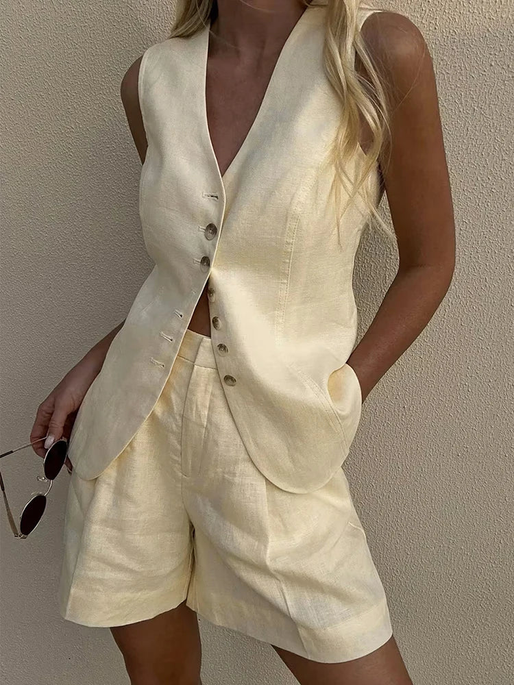 Mumaroho 2025 Women Spring Summer Vacation Linen Shorts Sets Solid V-neck Outfits Suit Two Piece Set For Women