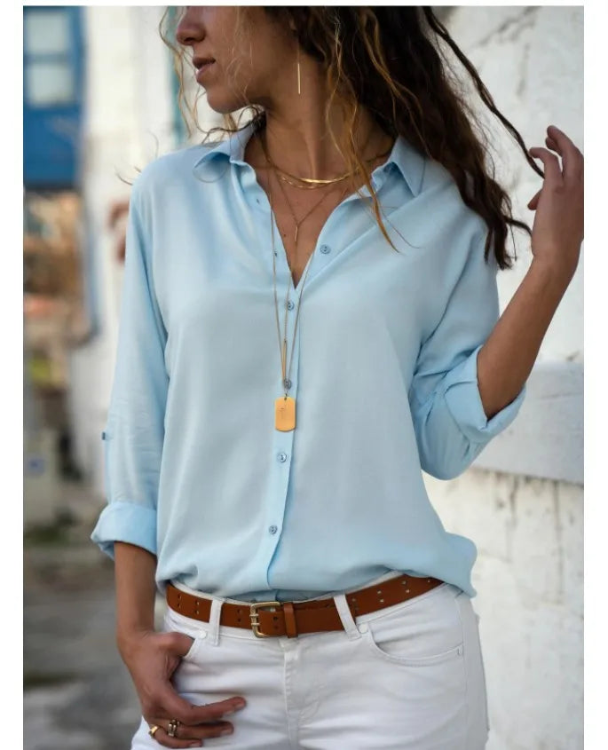 Autumn Shirt Women's Polo Collar Office Lady blouse Vintage Shirt Loose Button Up Down Shirts Fashion Tops
