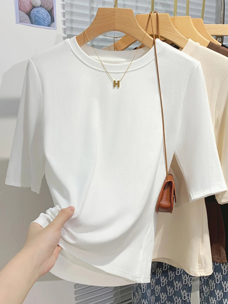 AOSSVIAO 2026 Summer 100% Cotton Women's T-shirt Bottoming Basic Crew Neck Fashionable Solid Lady Short Sleeve Tops Shirts