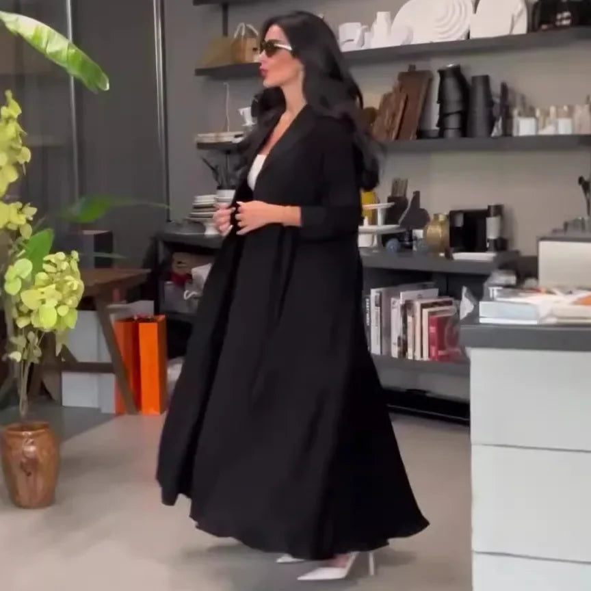 Muslim 2 Piece Set Women Long Coat Windbreaker Wide Leg Pants