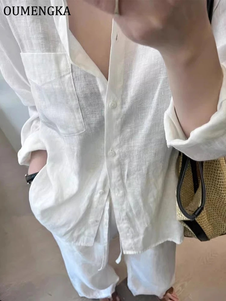 Women Minimalist Loose Tops Fashion Summer Thin Cotton Linen White Shirt Long Sleeve Blouse Solid Turn-down Collar Easy Wear