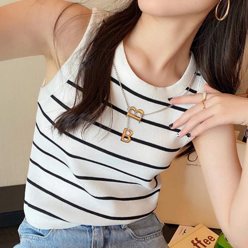 Sleeveless Knitted Striped Crop Tops 2026 Spring Summer Women Tank Tops Female Elastic Slim Casual Vests Color Blocking Camis