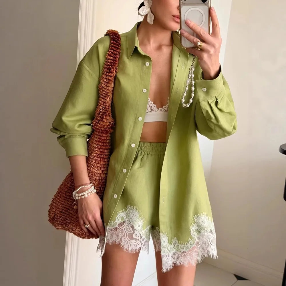 2026 New Summer Women's Lace Patchwork Shirt Shorts Two-piece