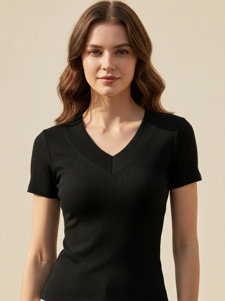 2026 Summer New V-neck Ribbed Knitted Slim Women's T-Shirt Basic Elasticity White Short Sleeve Tee Shirt Korean Style Casual Top