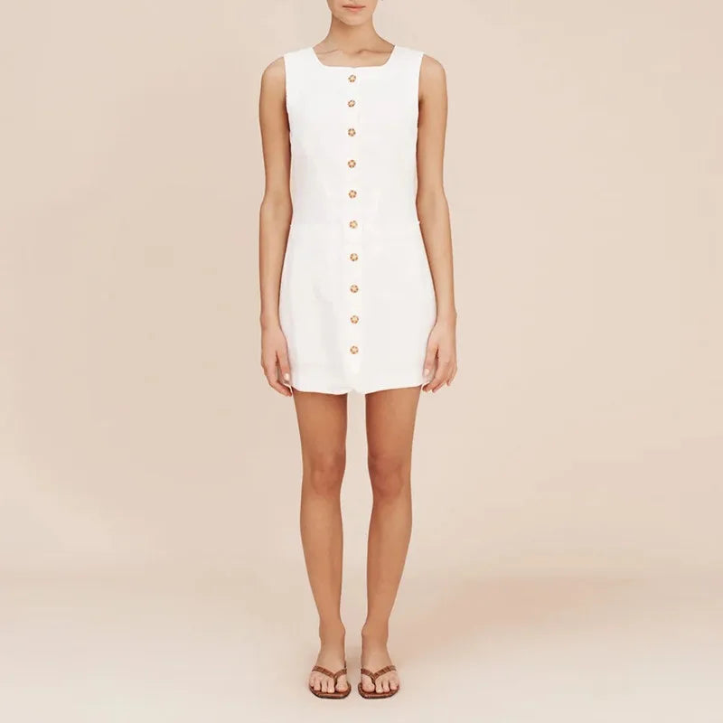 100% Linen Summer Women Dress 2026 New French Square Neck Single-Breasted White Dress Casual Vacation Short Dresses Vestidos