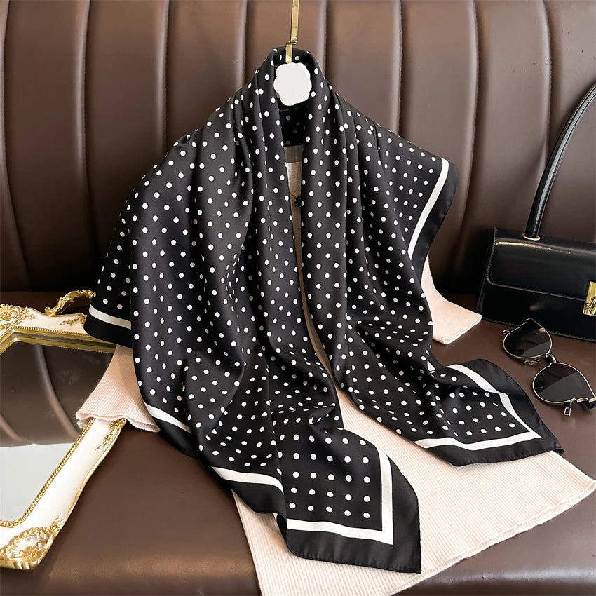 Summer Elegant Women 90cm Twill Silk Square Hair Scarf Dot Print Sunscreen Beach Stoles Hijab Shawl Wraps Bandana Echarpe