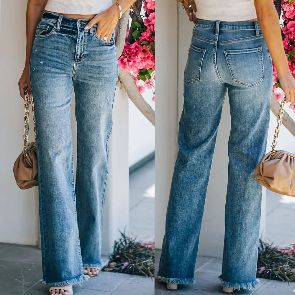 Euro-American Style Fashion Raw Hem Distressed Denim Jeans 2026 Spring New Arrivals Women's Stretch Slim Fit Straight Leg Jeans
