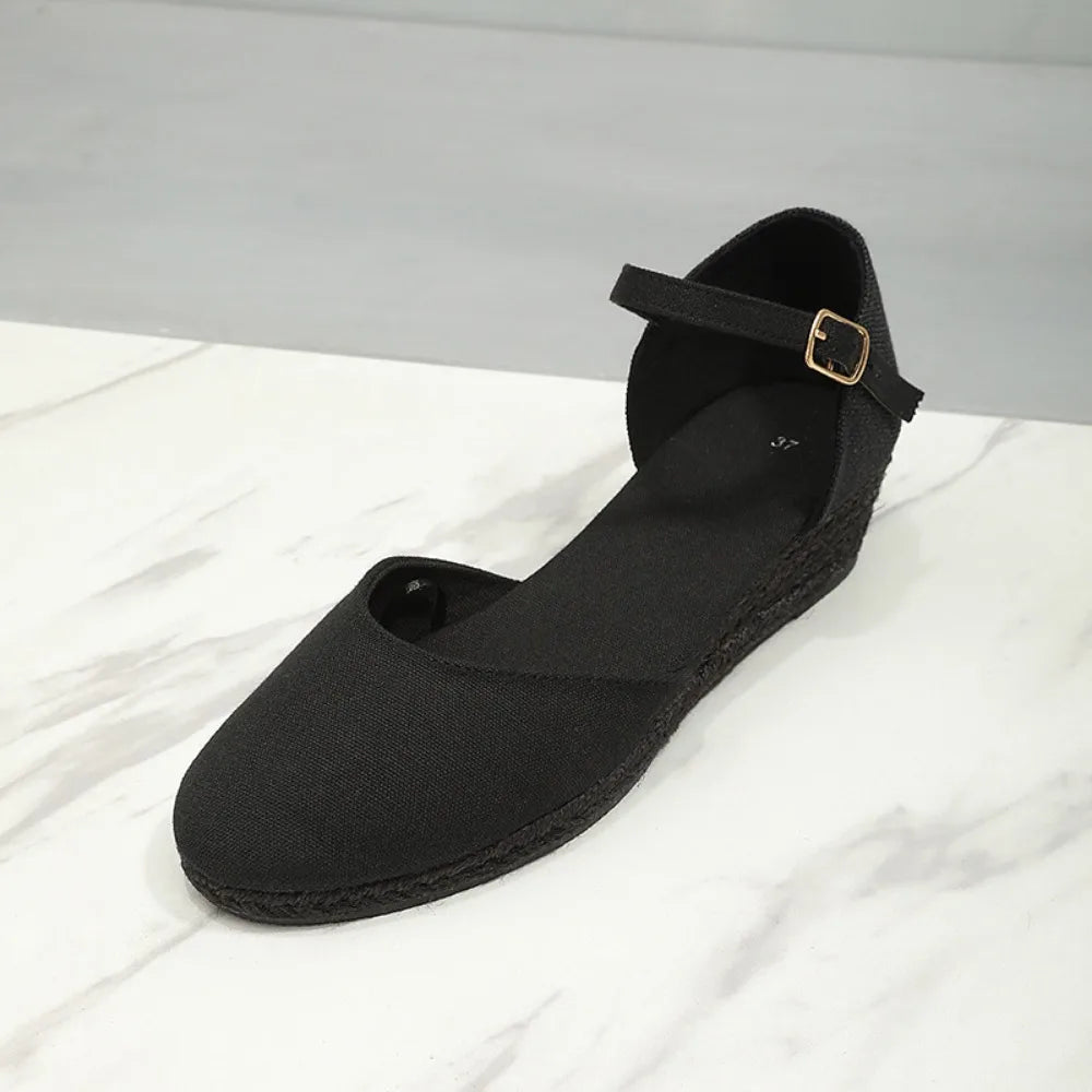 Baotou Sandals for Women's 2026 Summer Grass Woven Hemp Rope Slope Heel Shoes Women Round Toe Thick Sole Buckle Womens Sandals