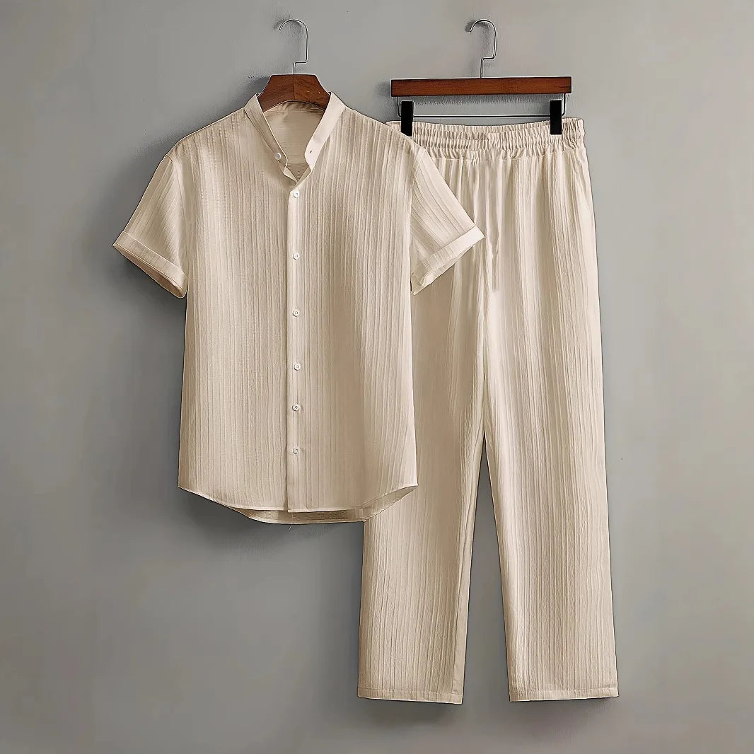 Men's Summer White Suit Outdoor Travel Suit Solid Color Vertical Strip Lapel Short-sleeved Shirt Drawstring Pants Two-piece Set