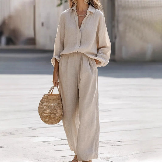 Simple Cotton Linen Women's Suits Summer Fashion Long Sleeve Loose Blouse Wide Leg Pants Two Piece Set For Women Casual Outfits