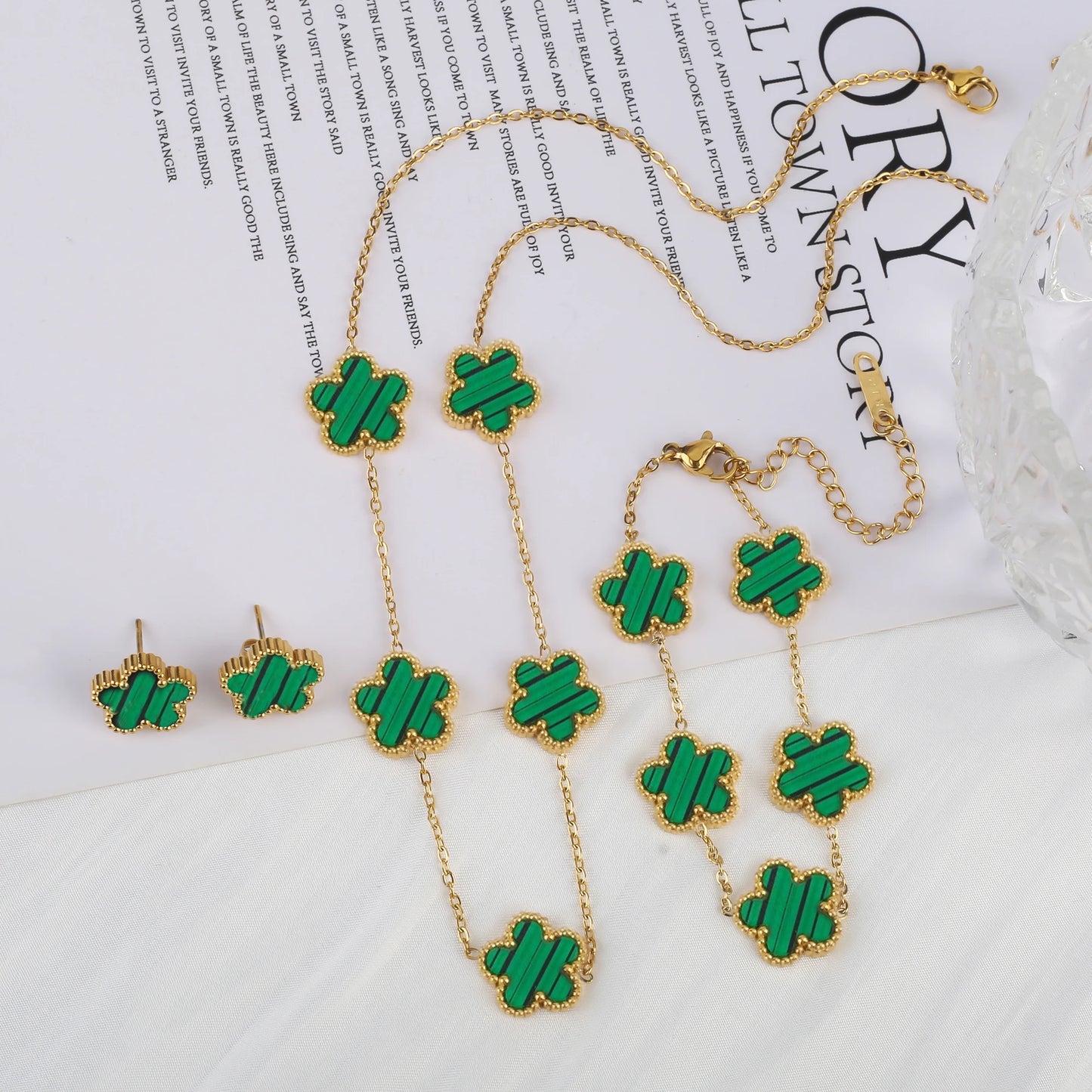 Bracelet Earrings 18K Gold Plated Jewelry Set For Women Girl Gift Clover