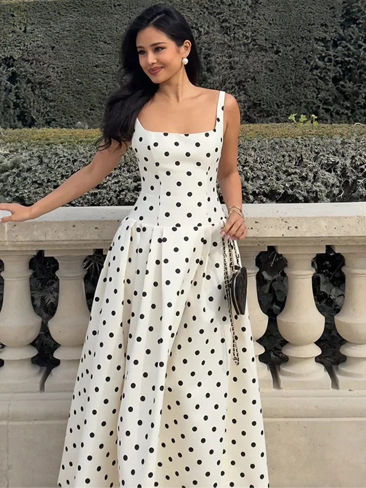 Casual Polka Dot Print Sleeveless Maxi Dress Women Fashion Square Neck High Waist A-line Long Robe 2025 Summer New Party Gowns N
