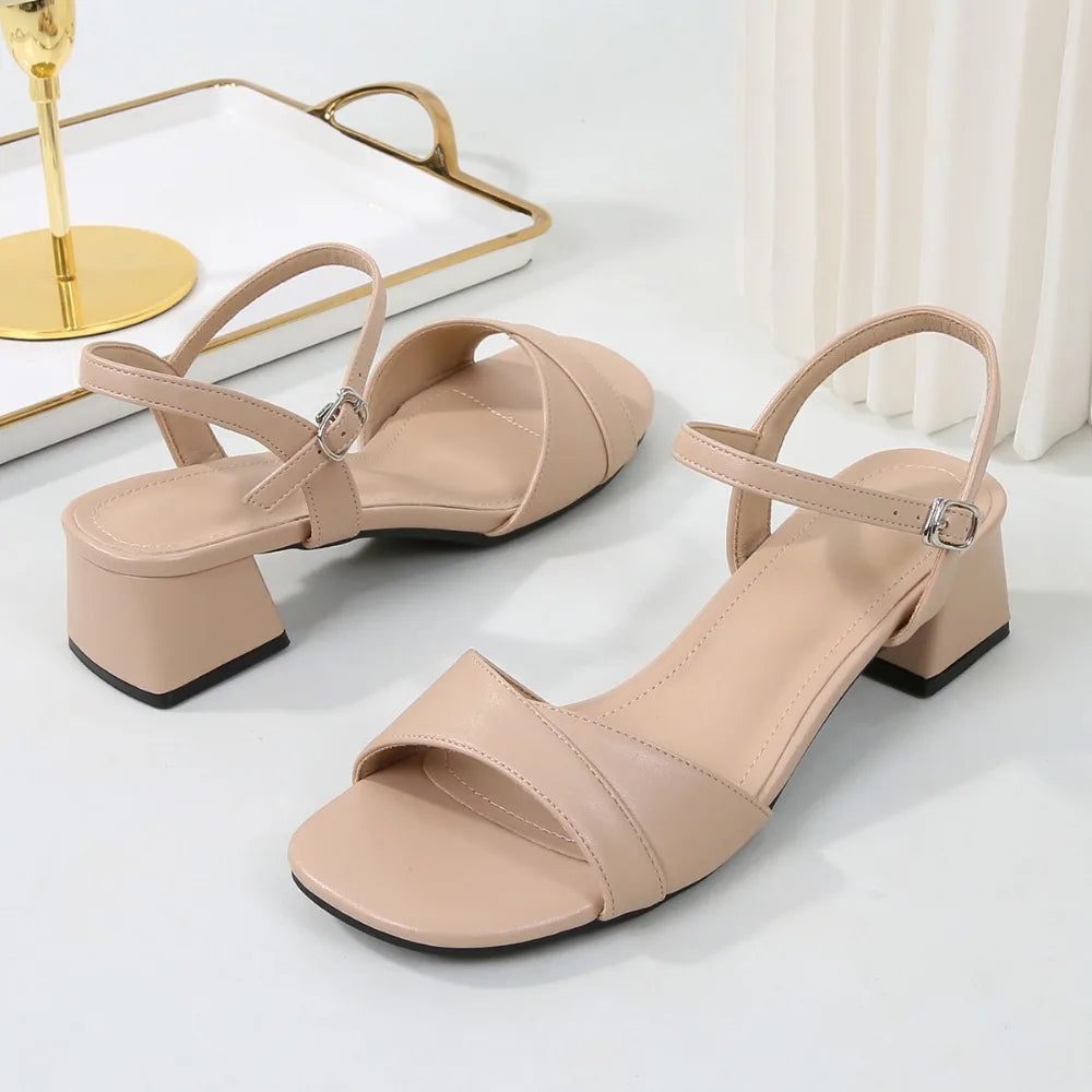 Sandals for Women 2026 Summer Soft Leather Plus Size Thick Heel Straight Buckle Strap High-heeled Sandals Women's Heels Women