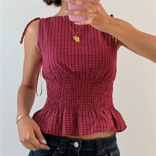 Women Summer Gingham Tie Shoulder Tank Top Y2k Vintage Sleeveless Shirred Ruffle Babydoll Shirt Cute Going Out Plaid Top