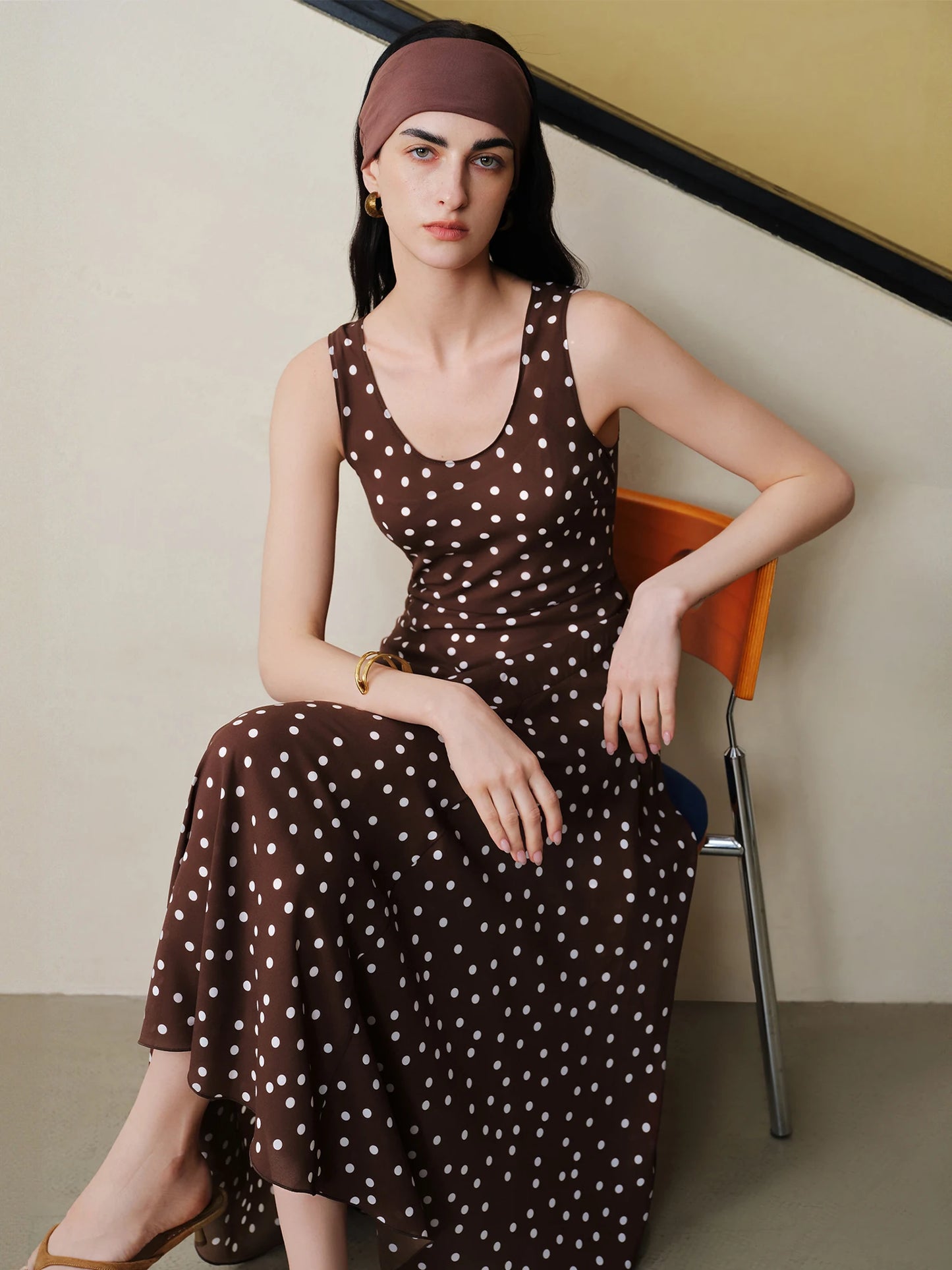 ZIQIAO Diagonal Cut Retro Polka Dot Chiffon Slip Dress for Women 2026 Summer New Style U-neck Vest Dress Vintage Commuting