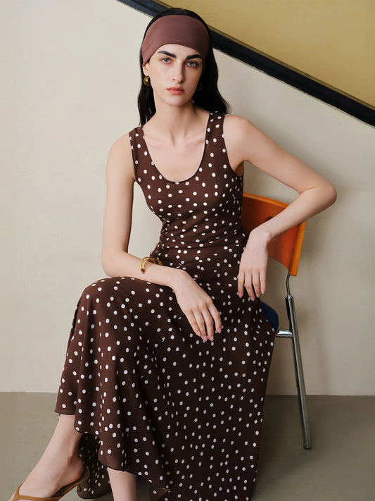 ZIQIAO Diagonal Cut Retro Polka Dot Chiffon Slip Dress for Women 2026 Summer New Style U-neck Vest Dress Vintage Commuting