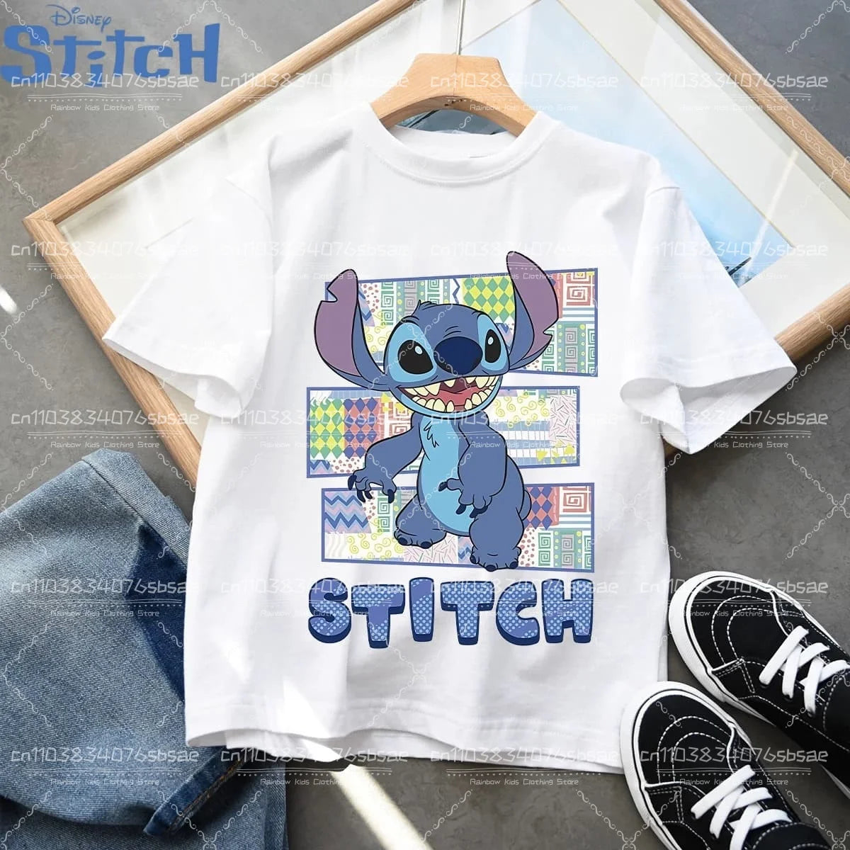 2026 Disney Children's Clothing, Stitch Cartoon Printed T-shirt, Round Neck Top for Boys and Girls, Soft Cotton Fabric Top