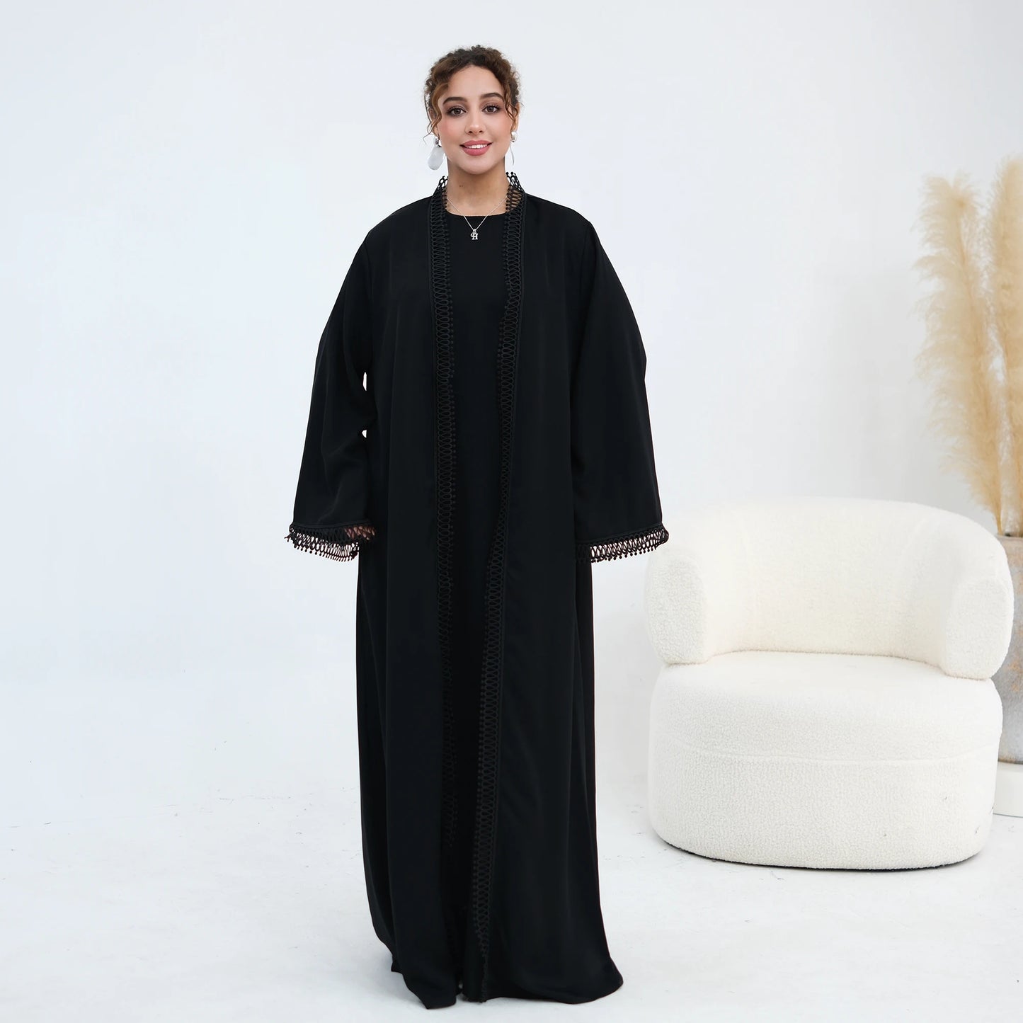 Women Abaya Set for Eid Party Events Resort Wear-Loop Lace Trim Kimono Robe&Sleeveless Dress
