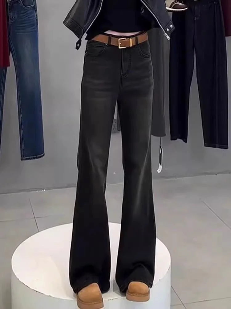 plus Size High Waist Straight Leg Bell Bottom Jeans Women's Spring Autumn New Style Slimming Floor Length Pants Fat MM