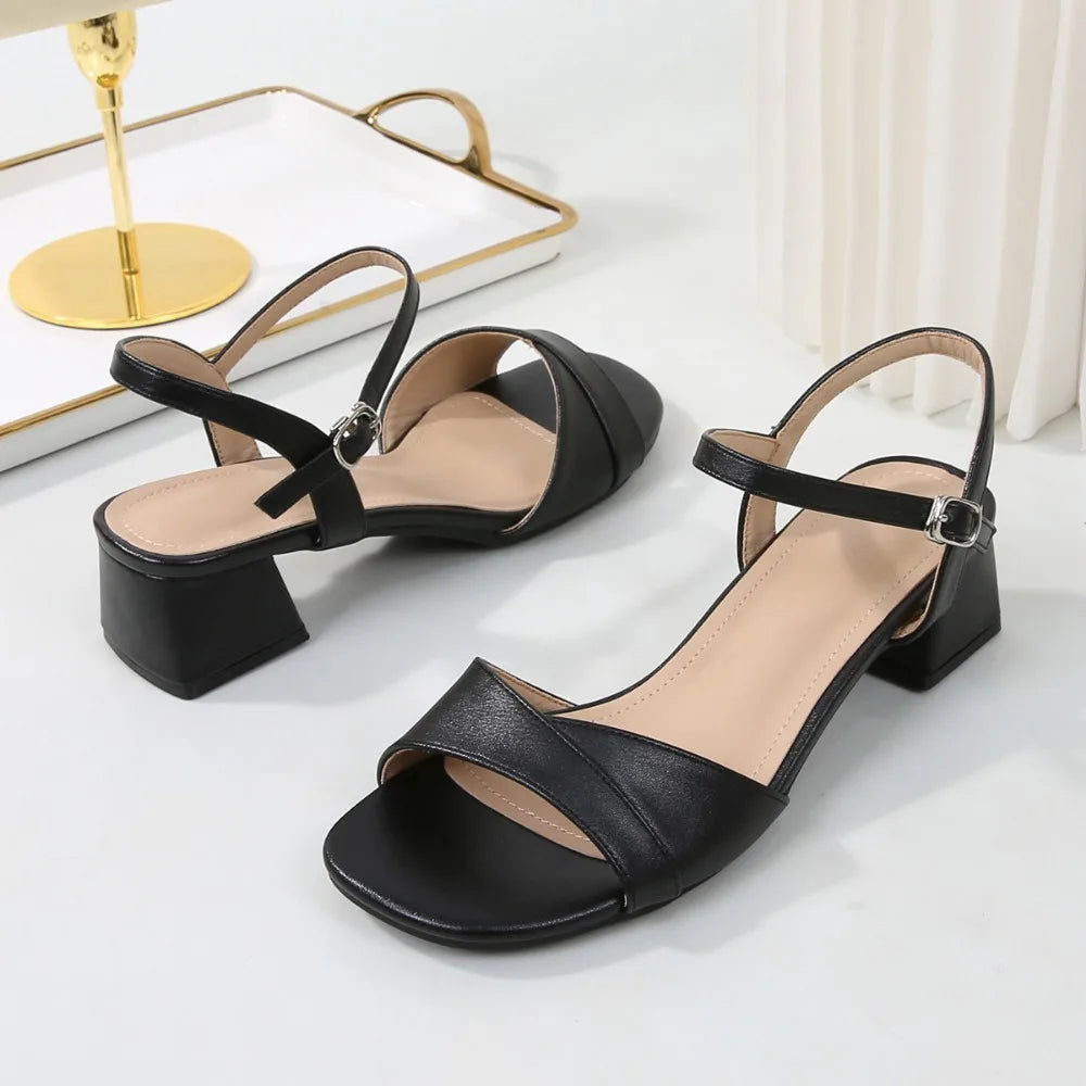Sandals for Women 2026 Summer Soft Leather Plus Size Thick Heel Straight Buckle Strap High-heeled Sandals Women's Heels Women