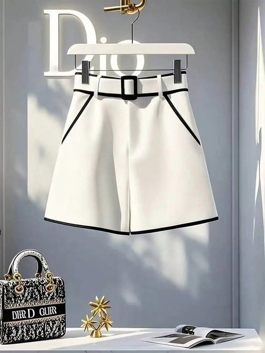 White Black Piped Shorts High Waist Square Buckle