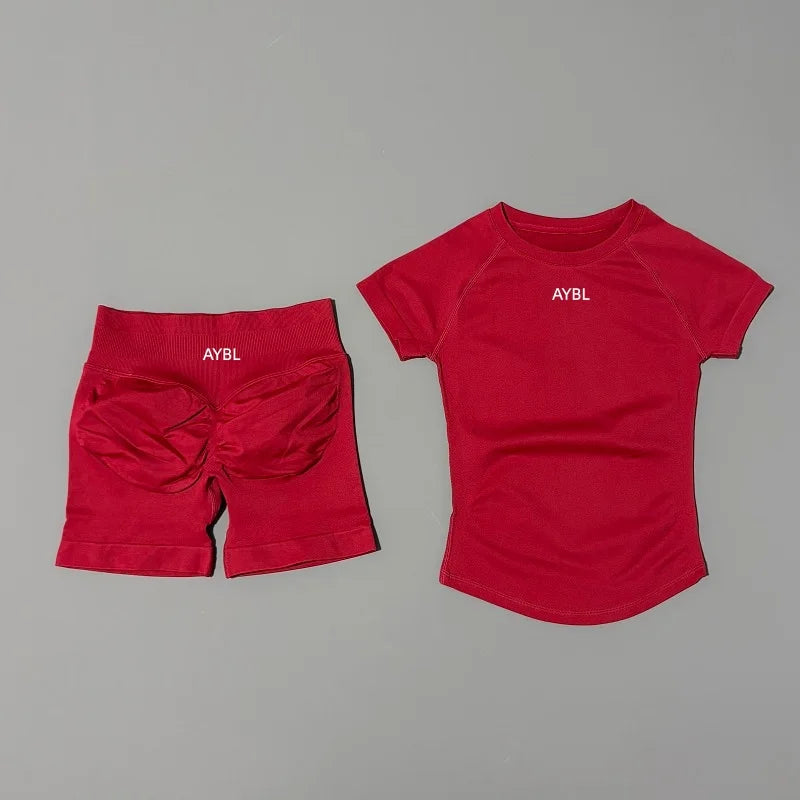 2 Pieces Sports Sets Short Sleeve Sculpt T Shirt Seamless Yoga Top Fitness Set Women