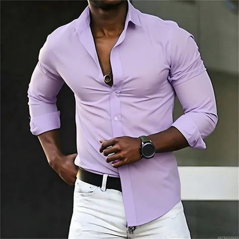 New men's shirt solid color long sleeve casual fashion black and white multi-color optional all seasons business men's shirt
2026