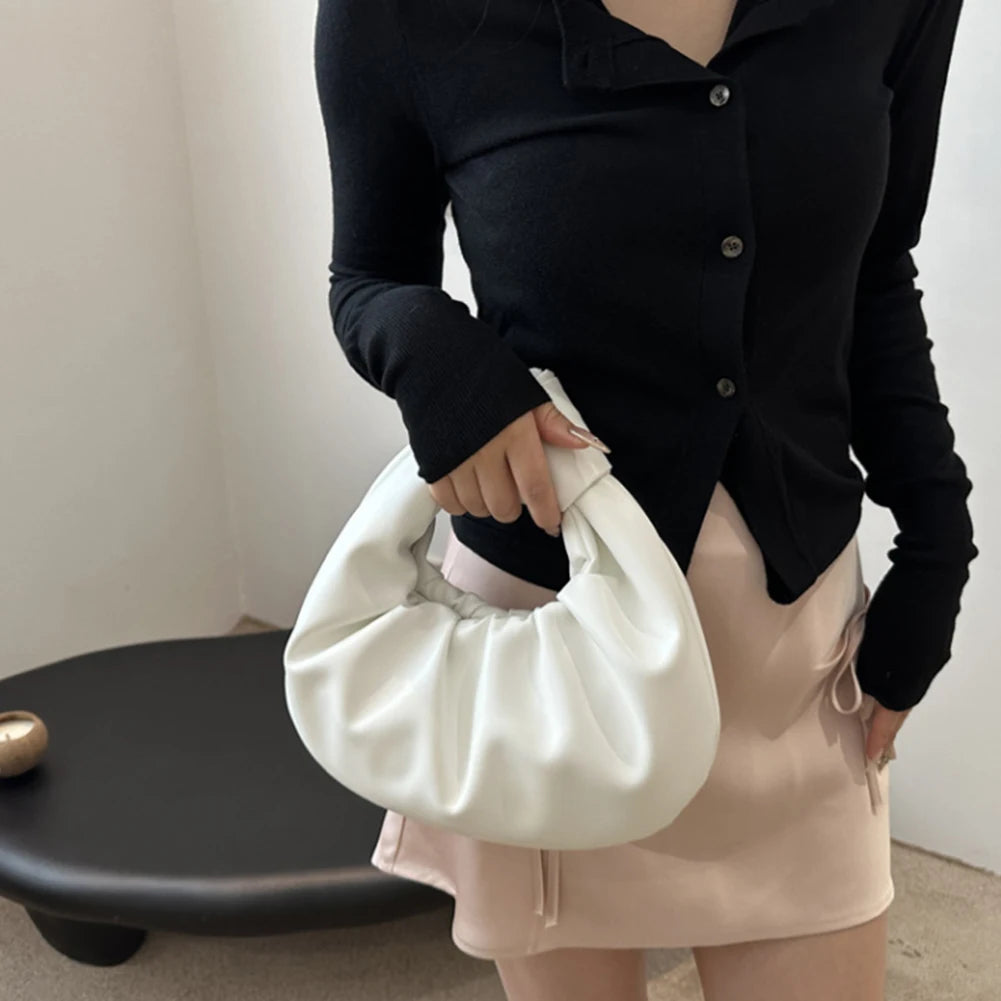 Mini Top-Handle Bags PU Leather Casual Shoulder Bags Pleated Handbag Underarm Bag for Ladies