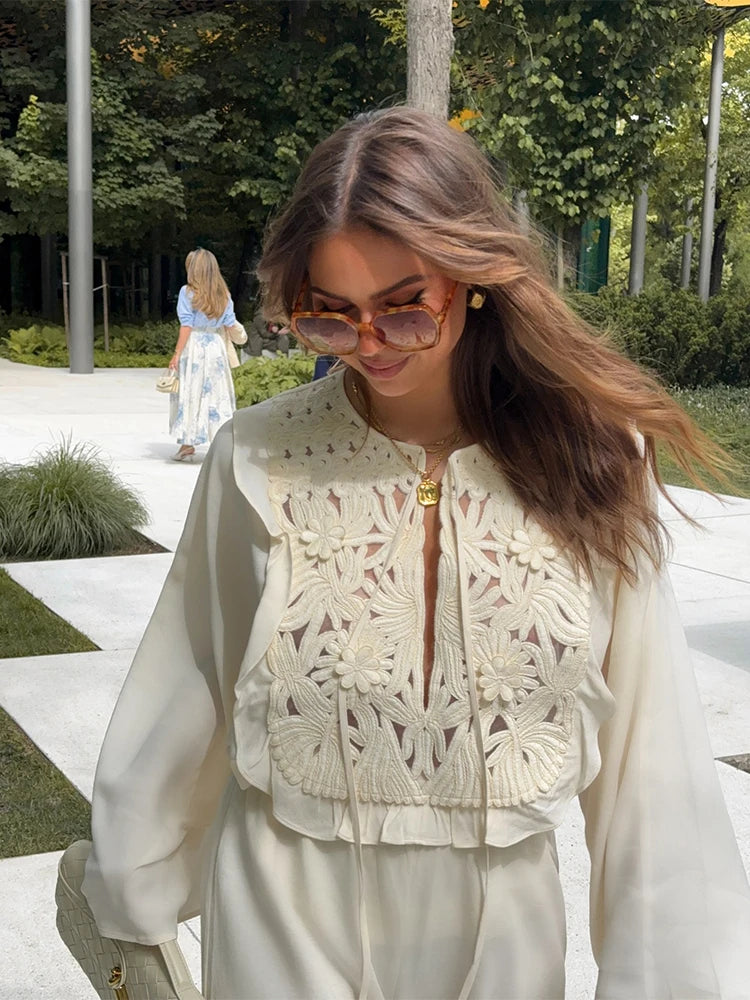 Floral Hollow Embroidery Mini Skirt Sets Women 2 Pieces Flare Sleeved Women