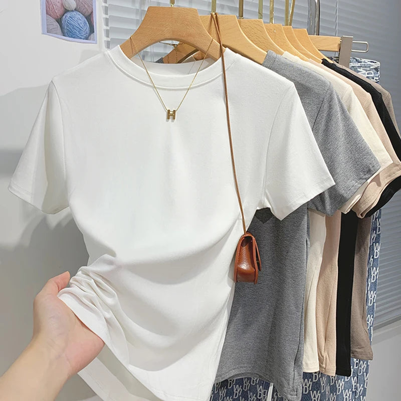 2026 New Women's 100% Cotton T-shirt Bottoming Basic Solid Lady Short Sleeve Tops Shirts Summer T Shirt