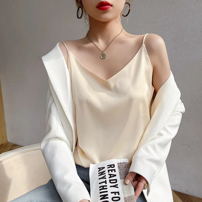 Summer Satin Women Camisole Sexy Sleeveless V-Neck Solid Spaghetti Strap Tank Tops French Fashion Soft Bottoming Shirt Innerwear