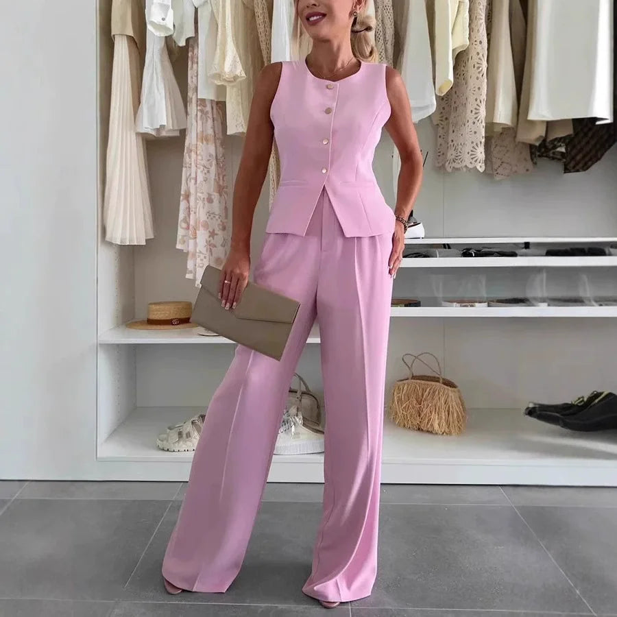 Simple Casual 2 Piece Set Women V Neck Single Breasted Crop Vest+trouser Suit Summer Fashion Pleated Wide Leg Pants Sets