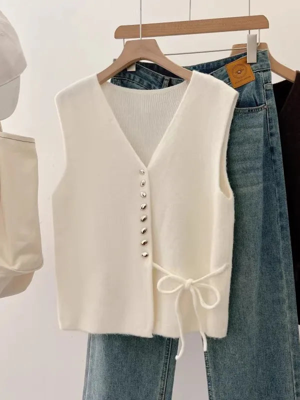 Elegant Pumpkin Orange Knitted Vest Women's Early Spring New Style plus Size Waist-Cinching Layering Vest V-neck Design