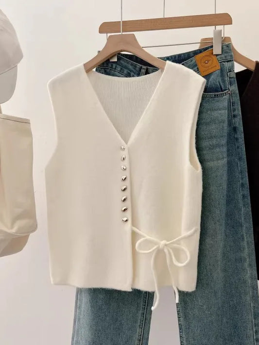 Elegant Pumpkin Orange Knitted Vest Women's Early Spring New Style plus Size Waist-Cinching Layering Vest V-neck Design
