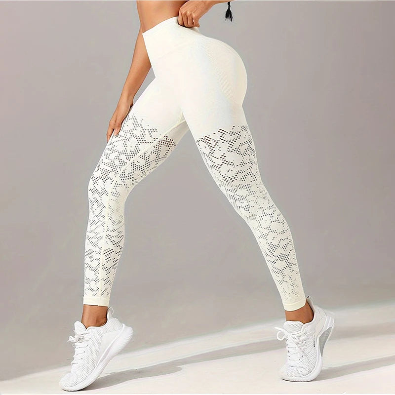 2026 Hollow Out Sports Leggings Women Spring Summer Comfy Breathable Jacquard Mesh Leggings Elegant Slim Fit Stretch Tights