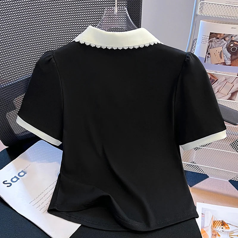 Women Peter Pan Collar Short Sleeve T Shirt Summer New Design False Two Piece Top Blouse
