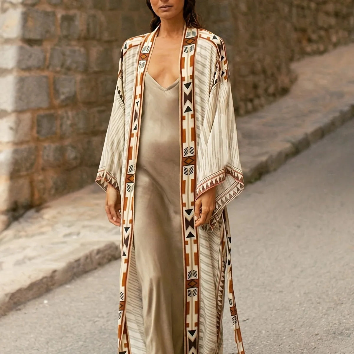 Beach Cover Up Over Sized Kimonos Women's Geometry Print Rayon Kimonos with Belt for Summer