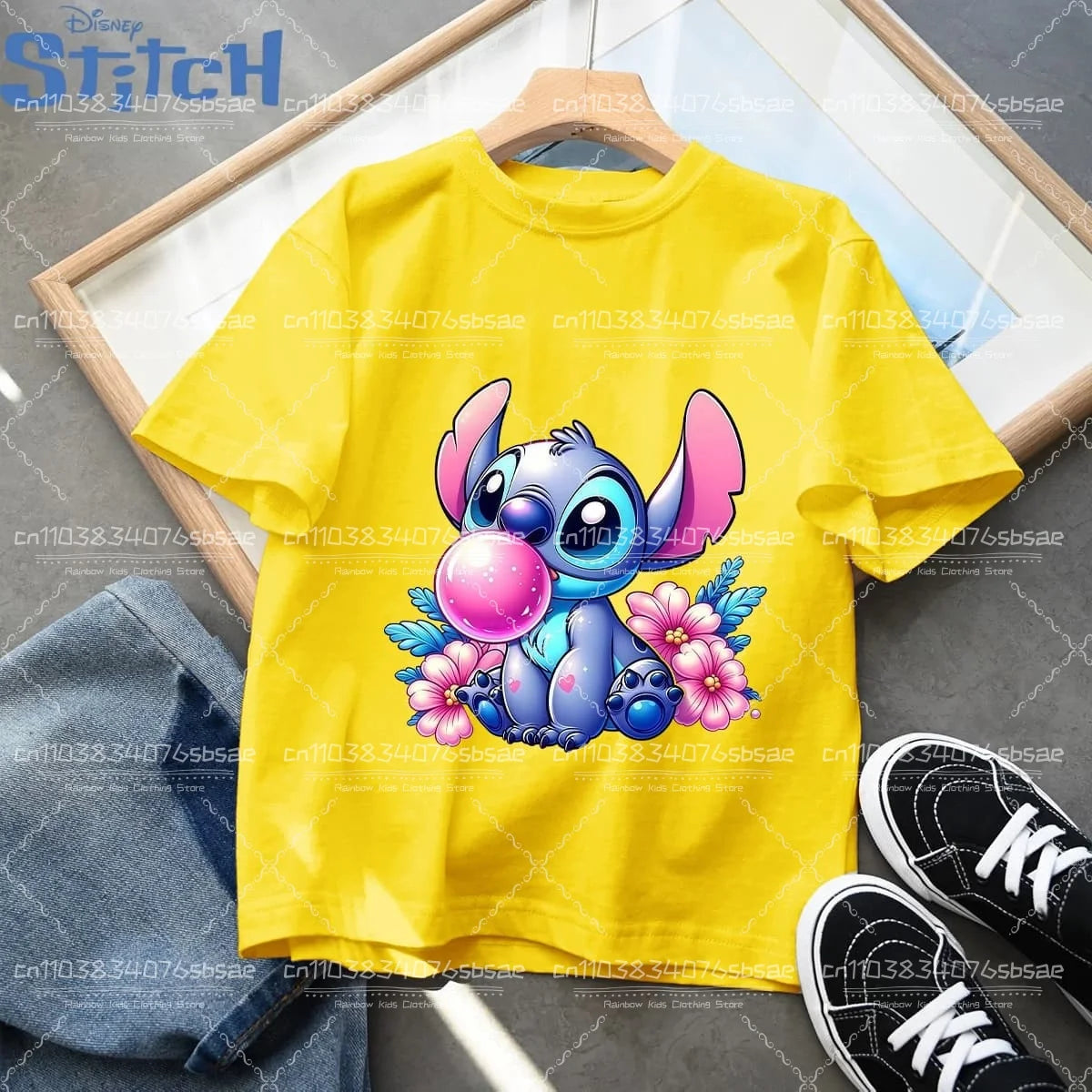 2026 Disney Children's Clothing, Stitch Cartoon Printed T-shirt, Round Neck Top for Boys and Girls, Soft Cotton Fabric Top