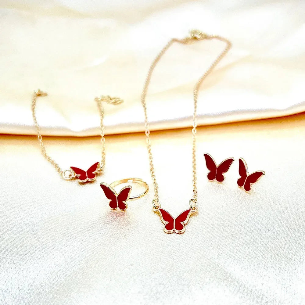 4pcs/Set Sweet Jewelry Set Butterfly Pendant Imitation Pearl Necklace for Women Pearl Earrings Girl Jewellery Women Gift