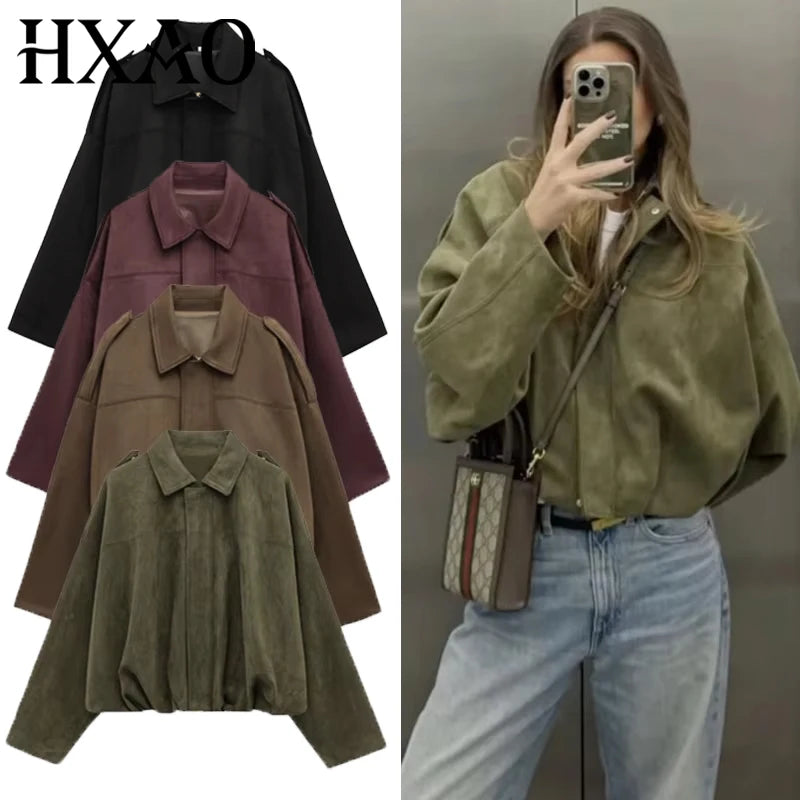2026 Women's Bomber Jacket Lapel Long Sleeve Zipper Suede Jacket Women New High Street Cropped Racing Jackets Coats Outerwears
