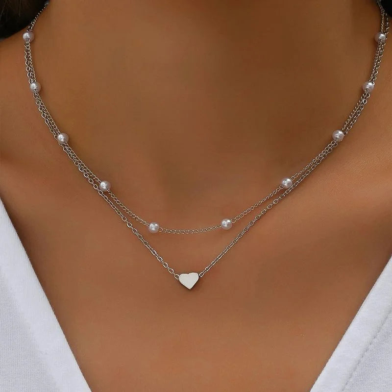 Chic Imitation Pearl Heart Jewelry Set For Women Gold Color Round Beads Necklace Bracelet Set Daily Wear Fashion Collection