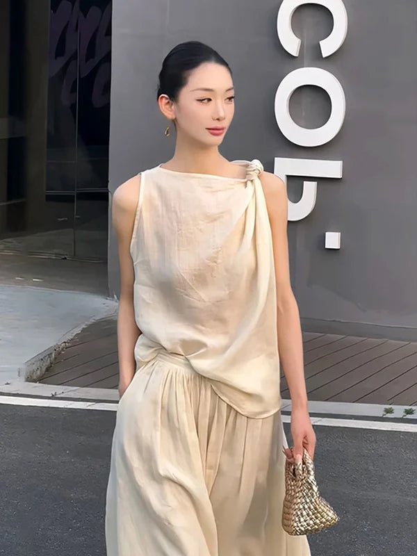 Summer 2025 Women's Knot Neckline Sleeveless Vest And Skirt Set Casual Stylish Half Body Fashion Ensemble Long Pants